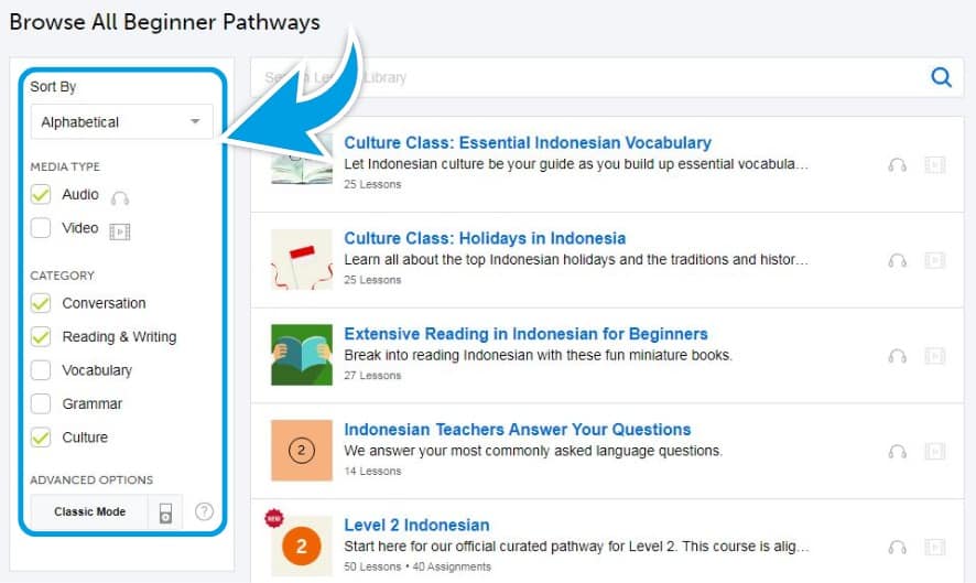 IndonesianPod101-Review-Lesson-Library-Filtering